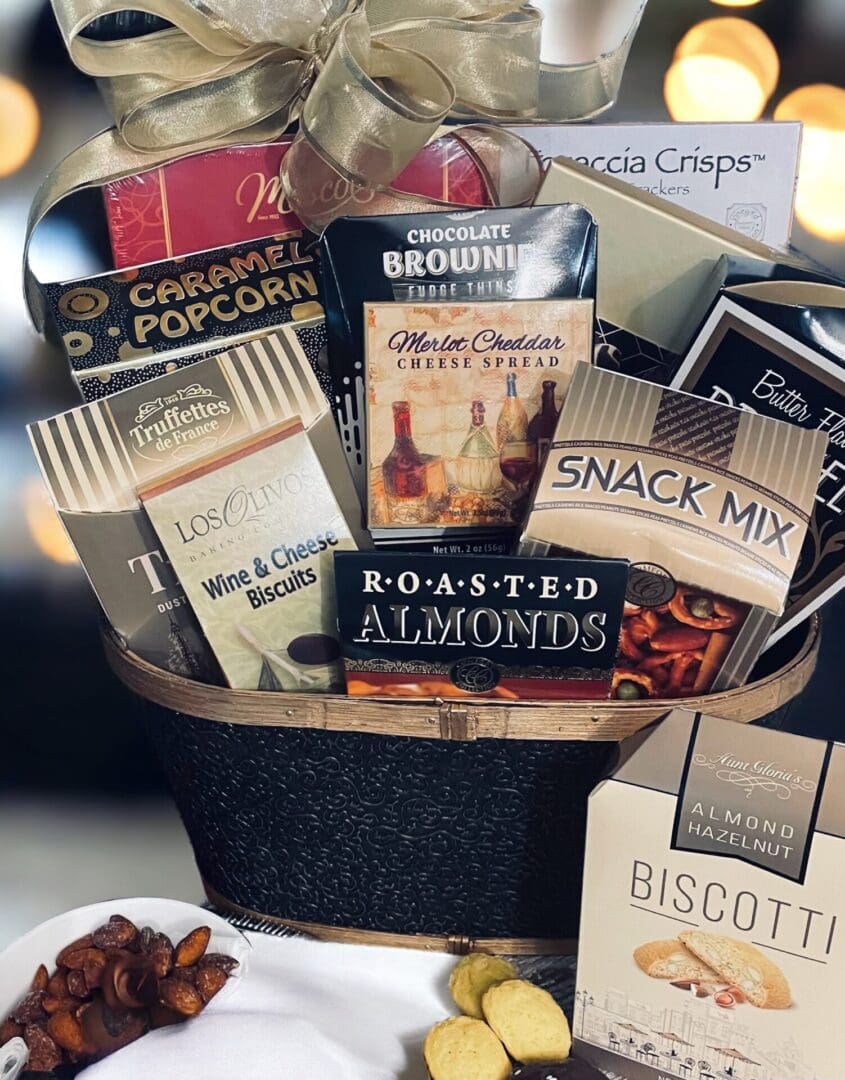 A gift basket full of gourmet snacks and treats.