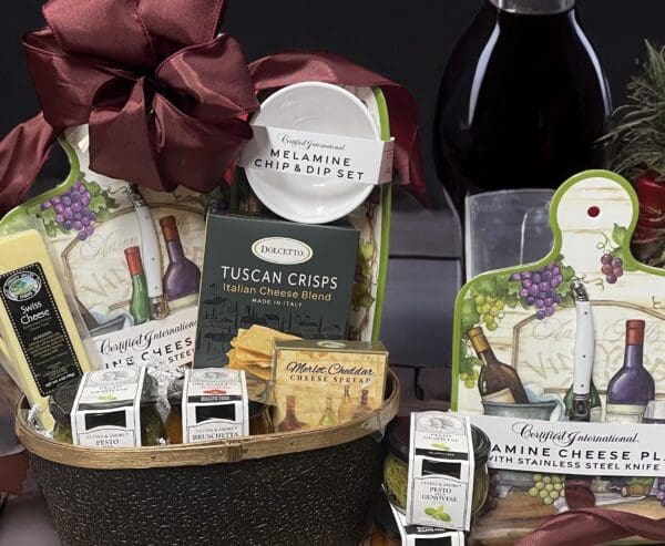 Wine-themed cheese and olive gift basket.