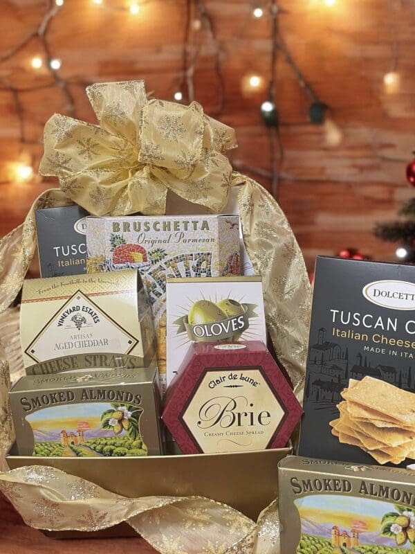 Gourmet Italian cheese and snack gift basket.