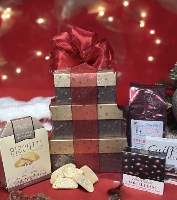 Gourmet gift basket with coffee and biscotti.