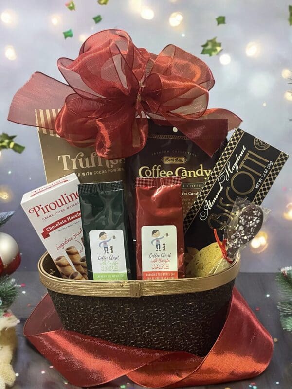 Gourmet coffee and chocolate gift basket.