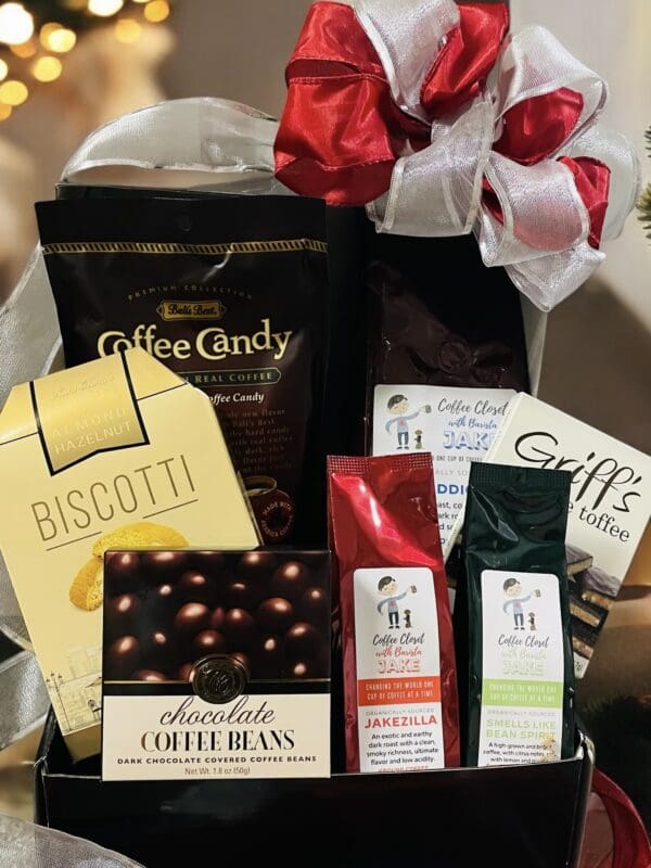 Coffee gift basket with treats.