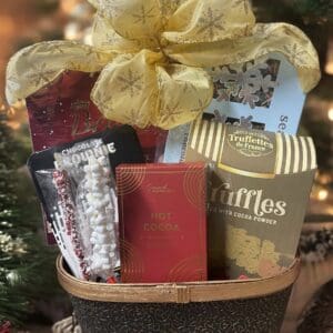 Here's an alt tag for the image: Gourmet chocolate and cocoa gift basket.