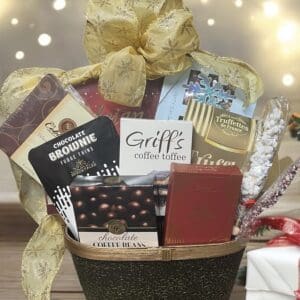 Gourmet chocolate and coffee gift basket.