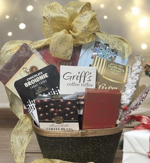 Gourmet chocolate and coffee gift basket.